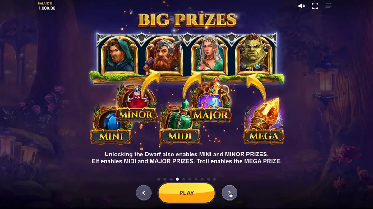 Tampilan visual slot Land of Riches dengan karakter fantasi dan latar hutan mistis