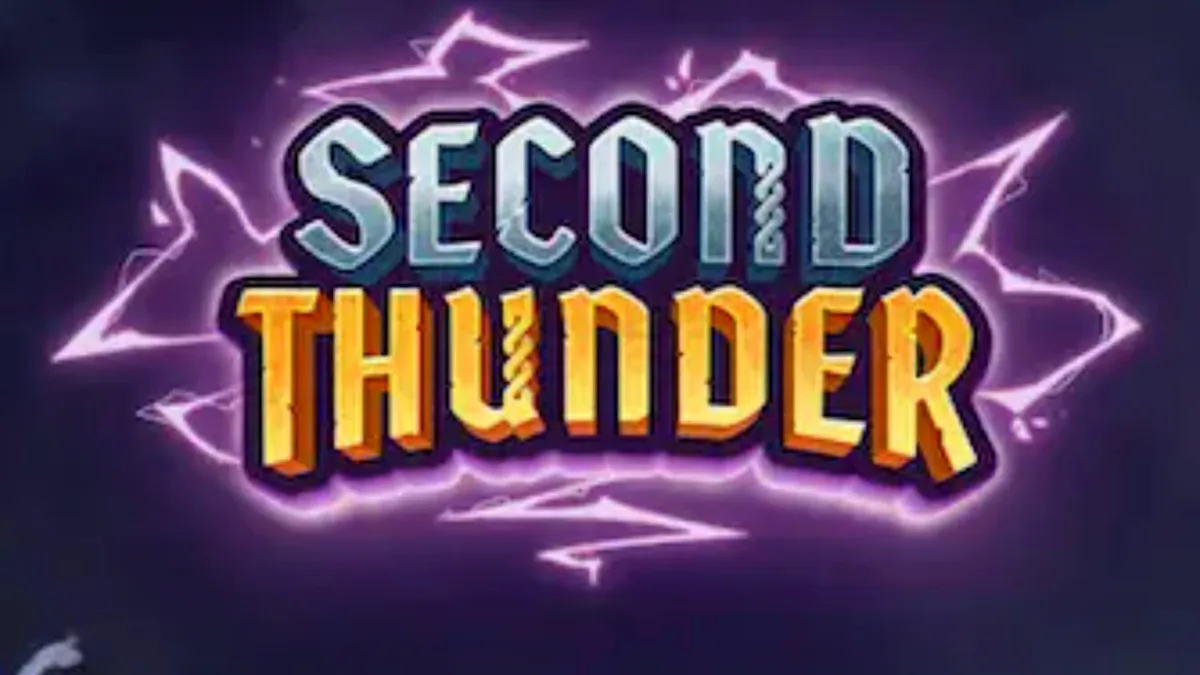 Pemandangan atmosferik dari slot Second Thunder dengan latar belakang pegunungan bersalju dan prajurit.