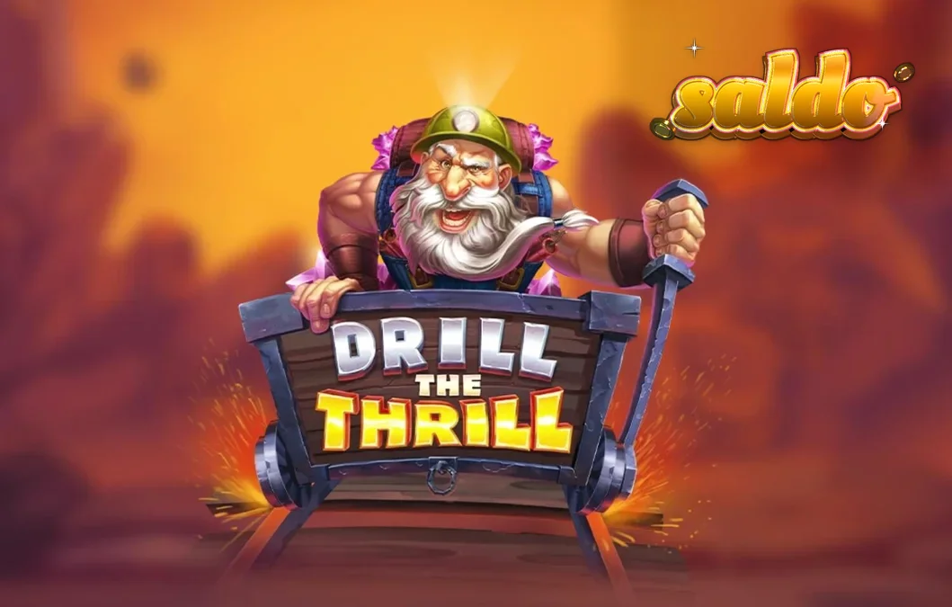 Tampilan visual slot Drill the Thrill dengan tema tambang dan bor emas.